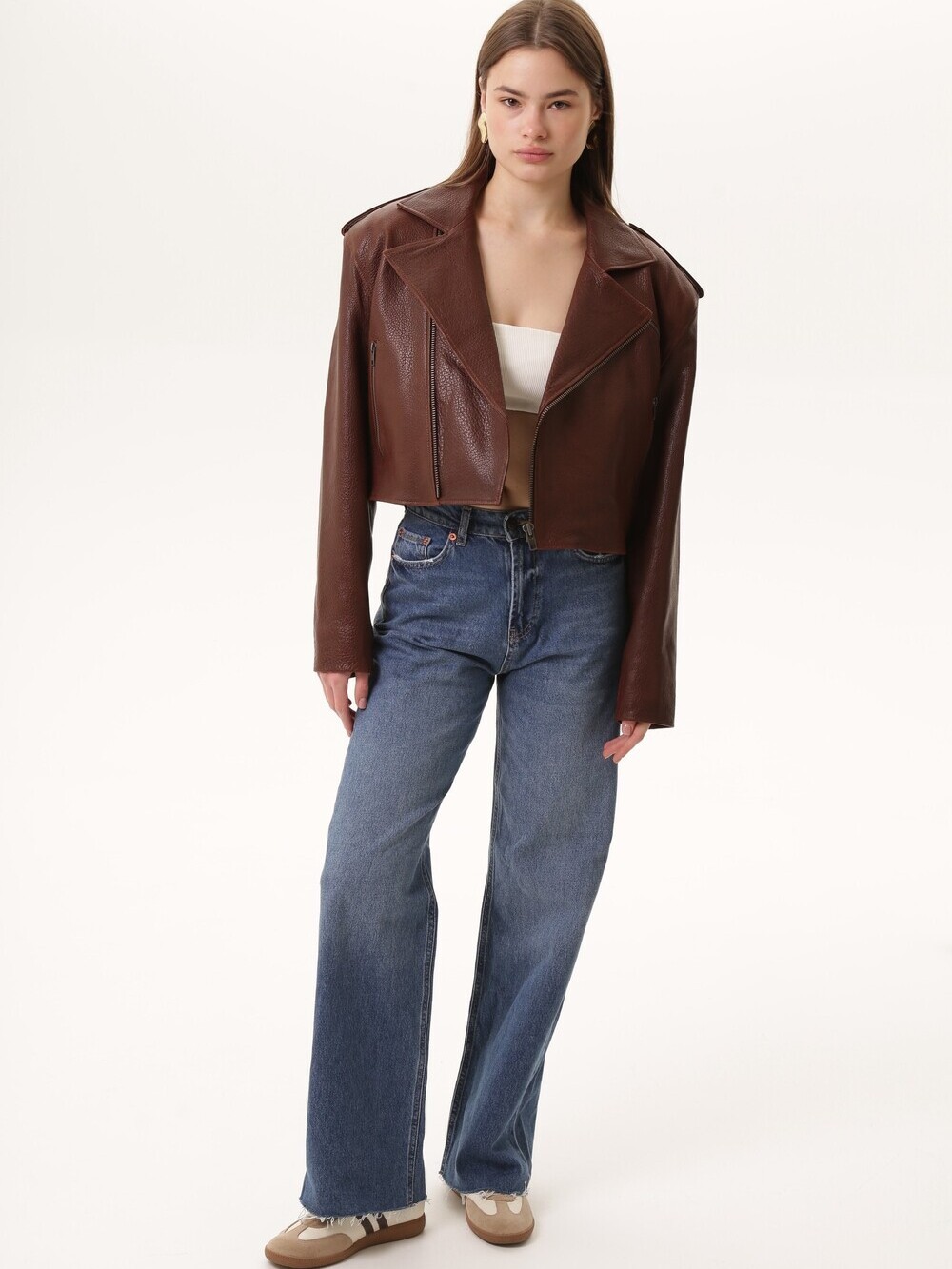 Biker jacket made of genuine leather, brown